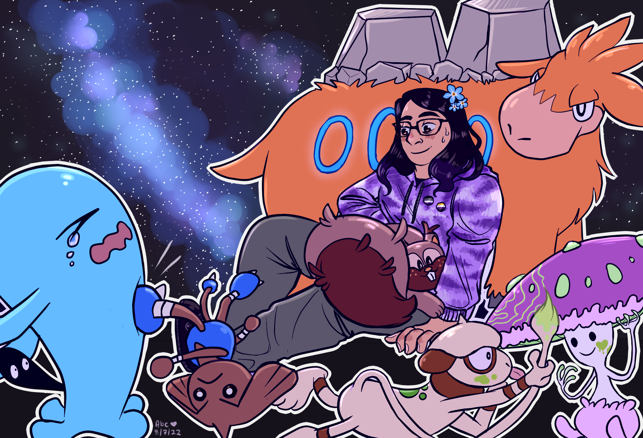 A commission of a Pokemon team. The trainer is a tall person with shoulder-length black hair and glasses, wearing a purple hoodie, sitting down with their legs stretched out and leaning on a Camerupt. They pet a Greedent sitting in their lap. In the lower right, Smeargle paints a Shiinotic cap with its tail. Hitmontop kicks a Wobbuffet. The background is a starry galaxy sky.